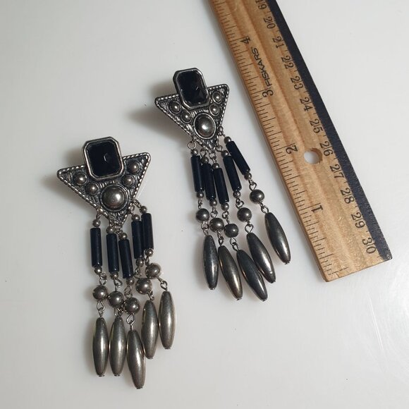 Vintage Long Dangle Earrings Black Silver Tone Geometric Western Jewelry Post - Picture 5 of 6